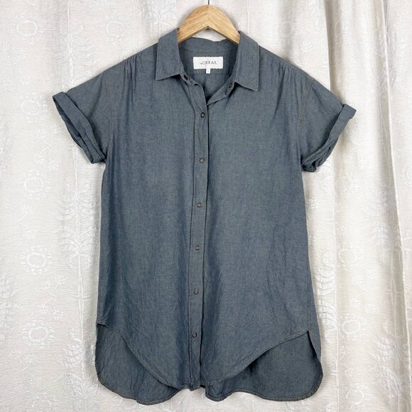 THE GREAT. chambray denim snap front blouse short roll cuff sleeves tie front - Picture 1 of 6